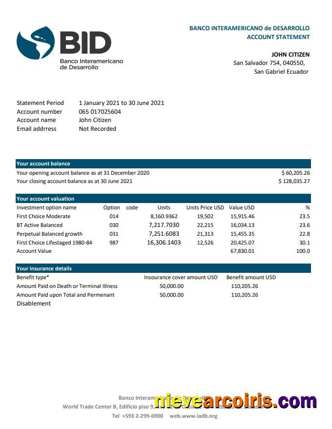 Ecuador Banco Interamericano de Desarrollo BID bank statement easy to fill in .xls and .pdf file format